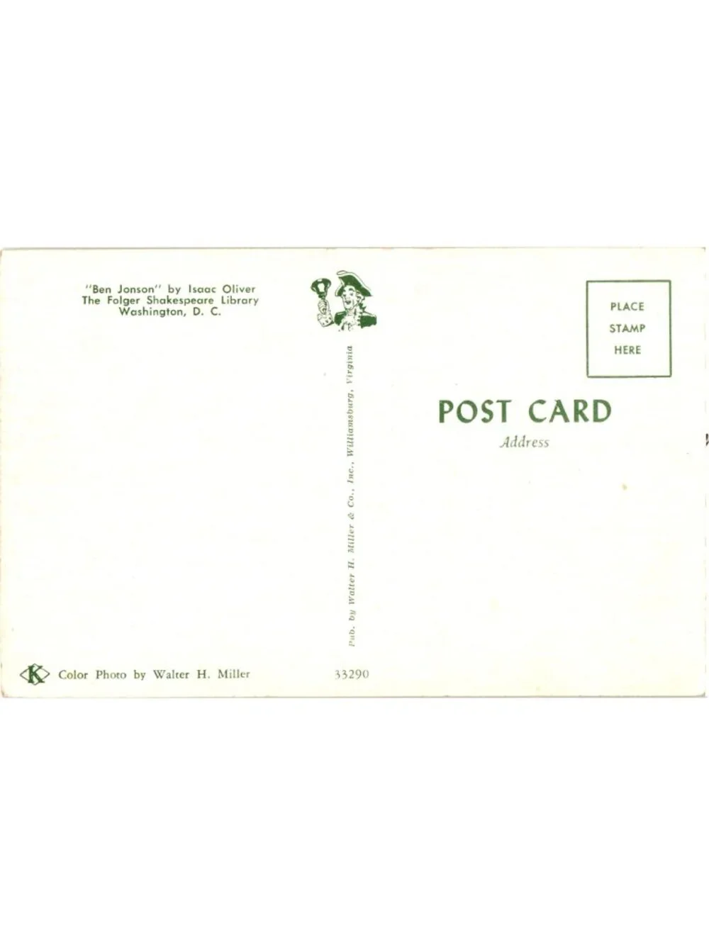 Ben Jonson By Isaac Oliver Postcard Folger Shakespeare Library Vintage Unused